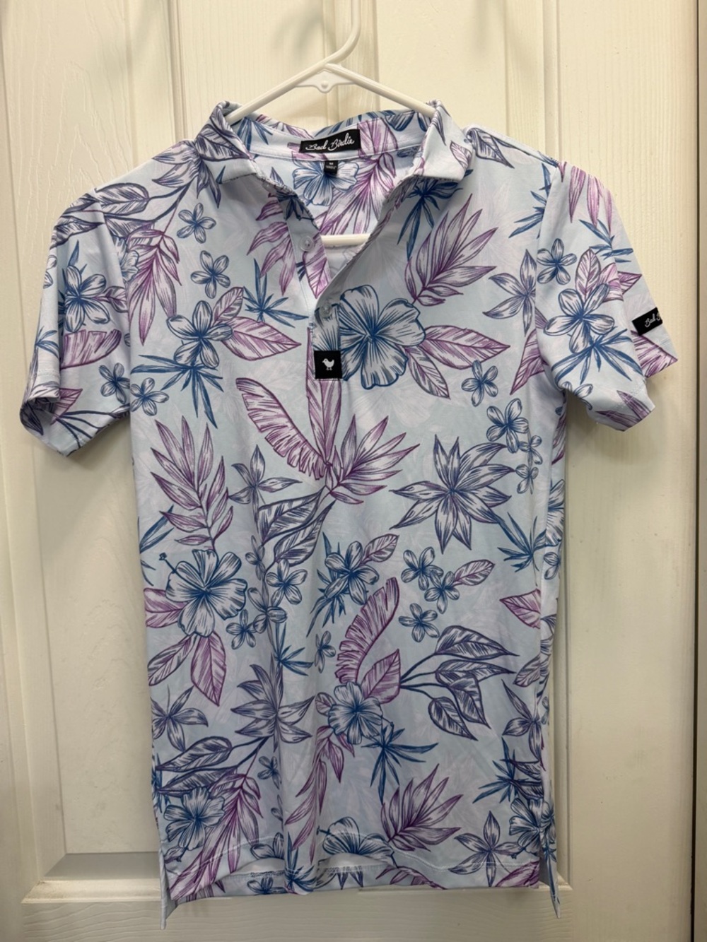 Bad Birdie Light Blue Polo with Purple & Blue Floral Print medium nwt
